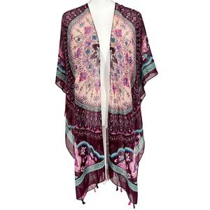Woven Heart Burgundy Floral Sheer Kimono Wrap Tassel Hem Boho One Size